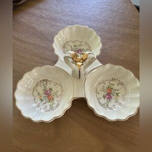 Vintage Hand Painted Candy Nut Dish Flowers Gold Handle, 3 Section Japan # 2748